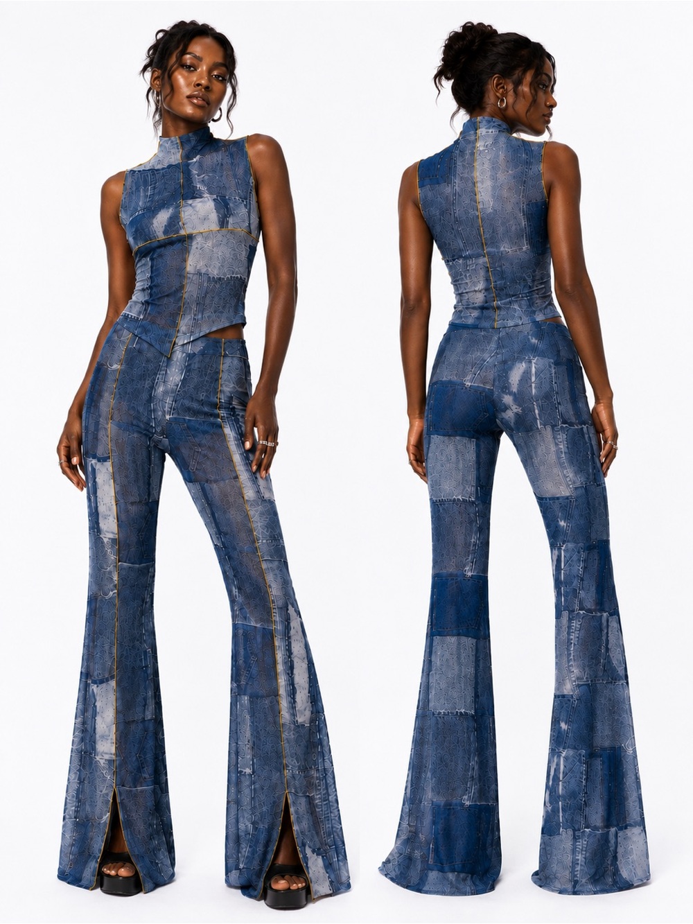 REHAB LAB Y2K Denim Patchwork Mesh Flare Pants & Mock Neck Top Two Piece Set M
